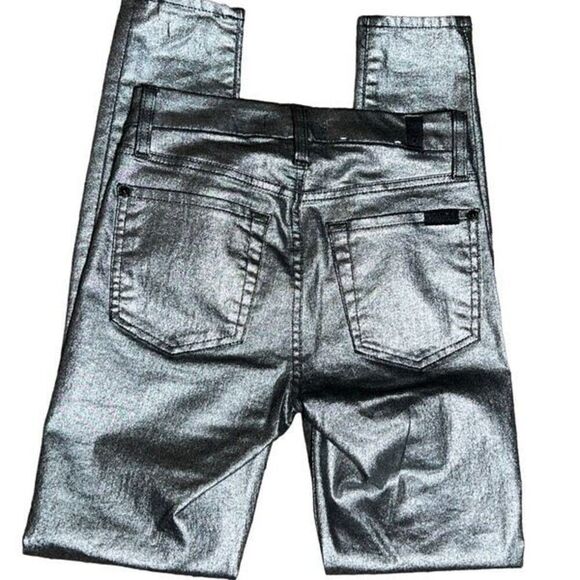 7 For All Mankind High Waist Silver Metallic Polished Cotton Skinny Jeans Size 2 - Picture 3 of 4